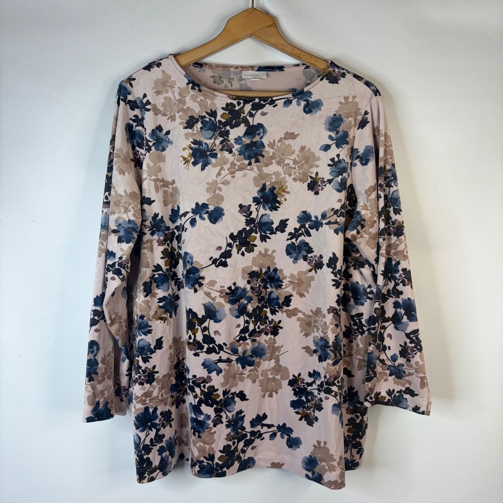 Pure Jill Floral Tunic Top Womens XL Petite Pink Blue Velour Long Sleeve Pockets